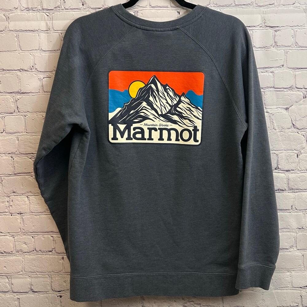 Marmot Crewneck Sweater Mountain Works Graphic Gray Blue Medium Fleece